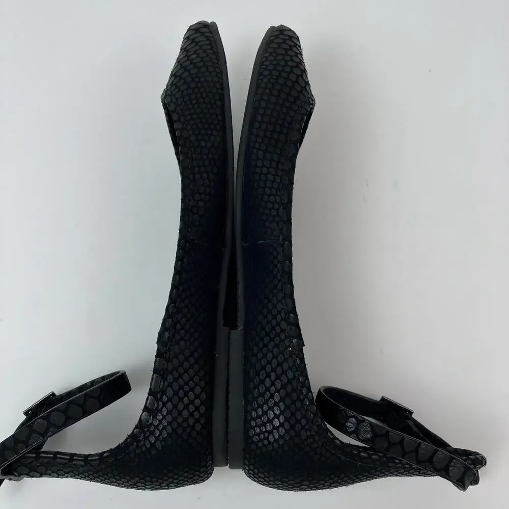 Joie Sz 9 Temple Black Embossed Leather Ankle Wrap Ballet Flats Pointed Toe